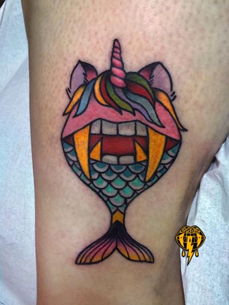 Illustrative unicorn mermaid tattoo by @vasso_lowbrow