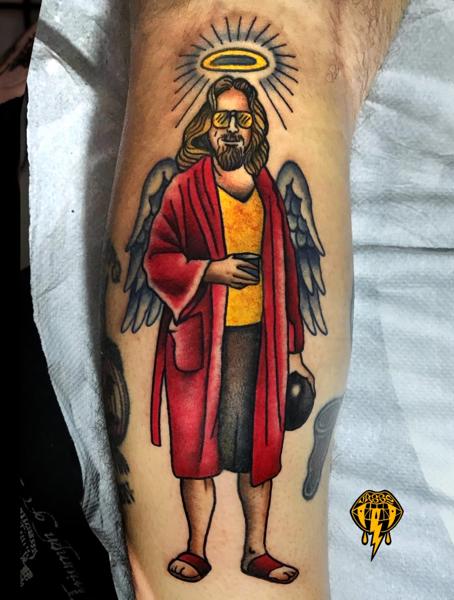 Illustrative angelic character tattoo by @vasso_lowbrow
