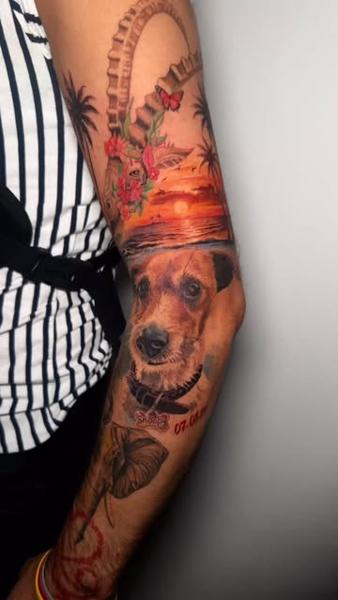 Realism dog portrait sunset tattoo by @venceslau.santos