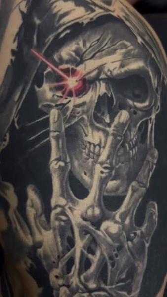 Realism grim reaper skull tattoo by @venceslau.santos