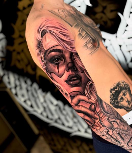 Realism chola clown girl tattoo by @inkbyroer