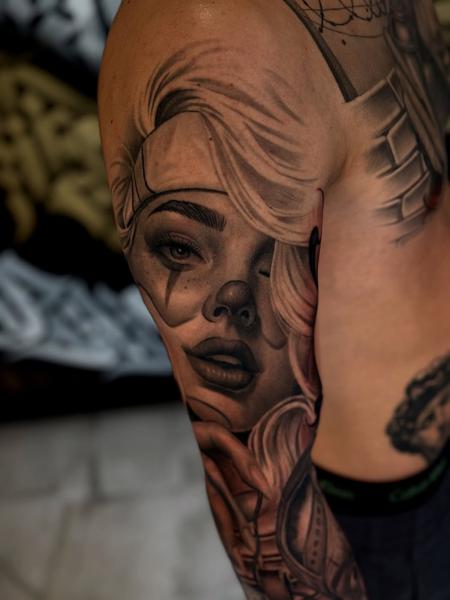 Realism chola clown tattoo by @inkbyroer