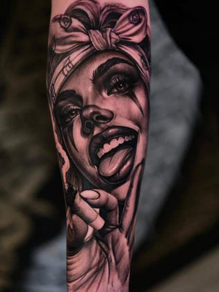 Realism chola woman portrait tattoo by @inkbyroer
