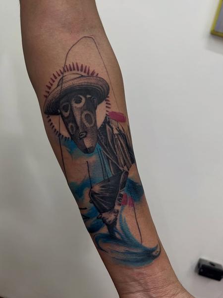 Surreal blackwork surreal masked figure tattoo by @skazxim