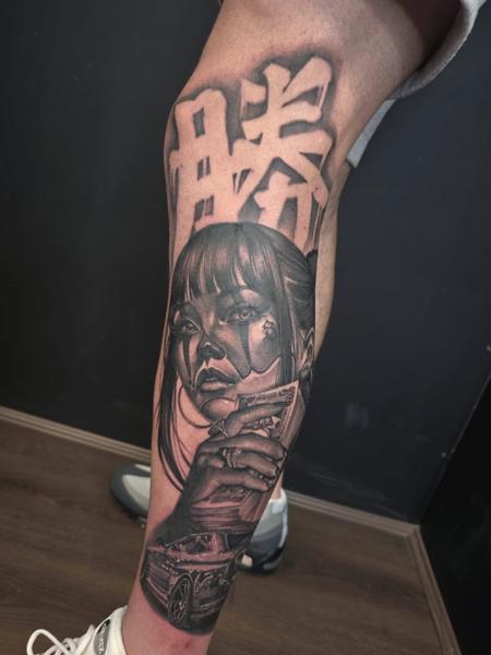 Realism woman with cards tattoo by @vividinkbirmingham