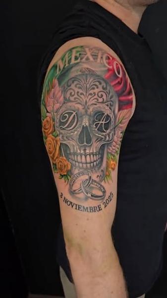 Realism decorative skull tattoo by @vividinkbirmingham