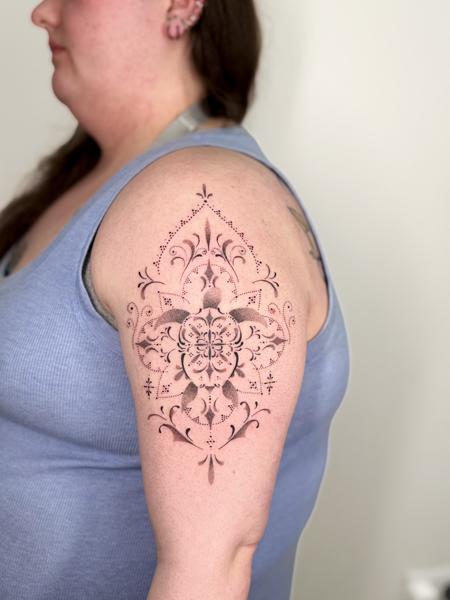 Dotwork ornamental mandala tattoo by @vivi_b_tattoo