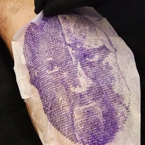 Dotwork text portrait tattoo by @tattoovrontis