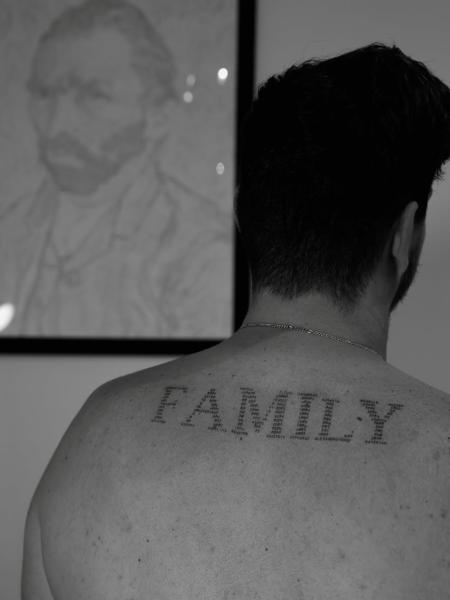 Dotwork family text tattoo by @tattoovrontis
