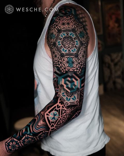 Geometric geometric sleeve tattoo by @weschetattoo