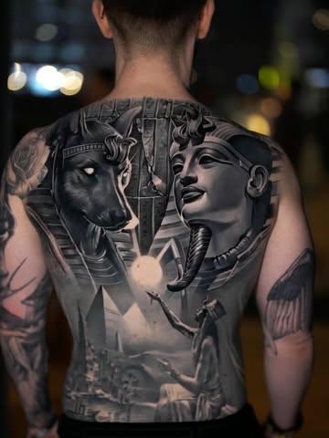 Realism egyptian gods scene tattoo by @wilkendorftattoo