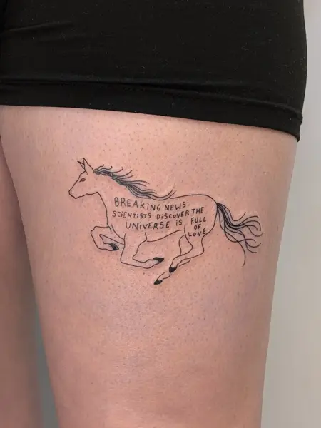 Fine line text horse tattoo by @xia_smith_tattoo