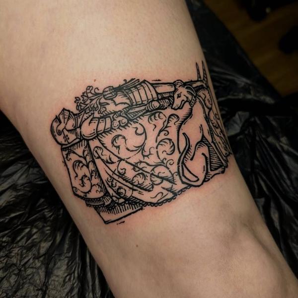 Linework knight and horse tattoo by @art.of.gold