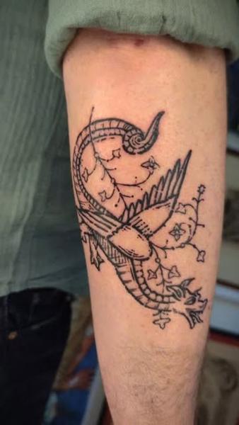 Linework floral dragon tattoo by @art.of.gold