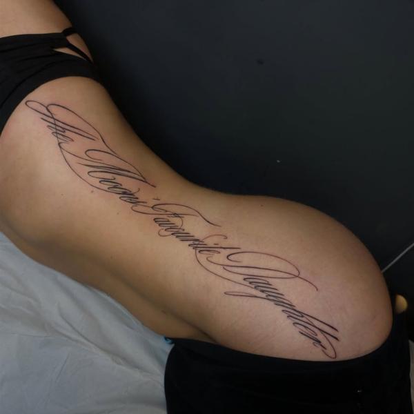 Script script lettering tattoo by @grit_ur_teeth