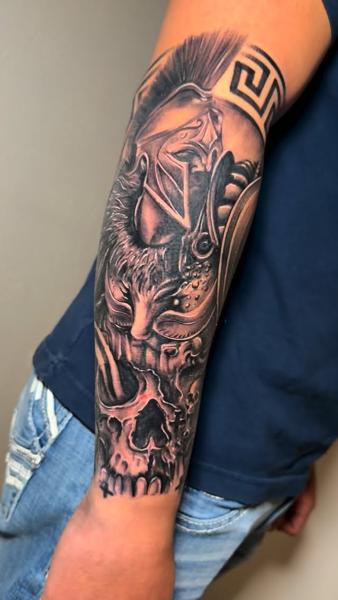 Realism warrior and skull tattoo by @zamor_art