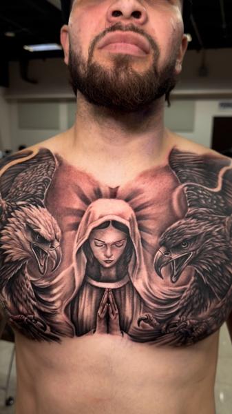 Realism virgin mary and eagles tattoo by @zamor_art