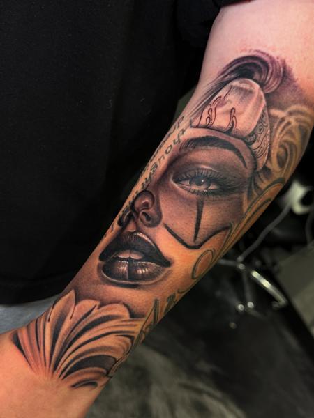 Realism woman's face tattoo by @zamor_art