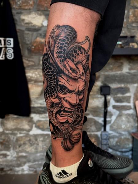 Japanese snake mask tattoo by @mickey_lostrez