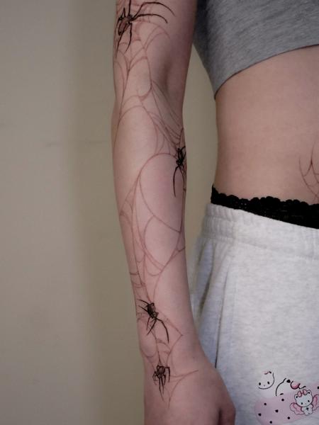 Fine Line spider web tattoo by @zozutattoo