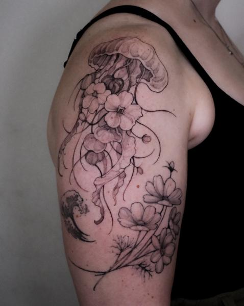 Fine Line jellyfish flowers tattoo by @zozutattoo