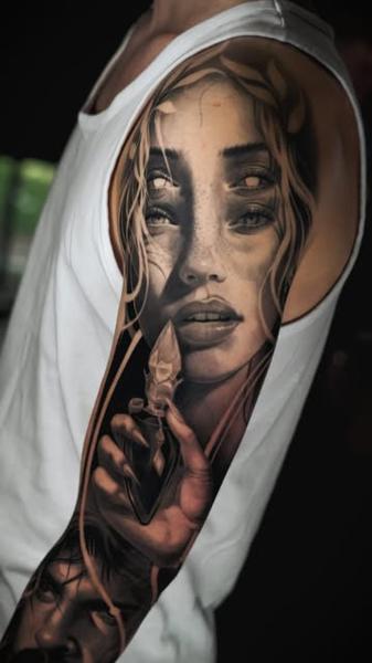 Realism surreal woman portrait tattoo by @zuzaink