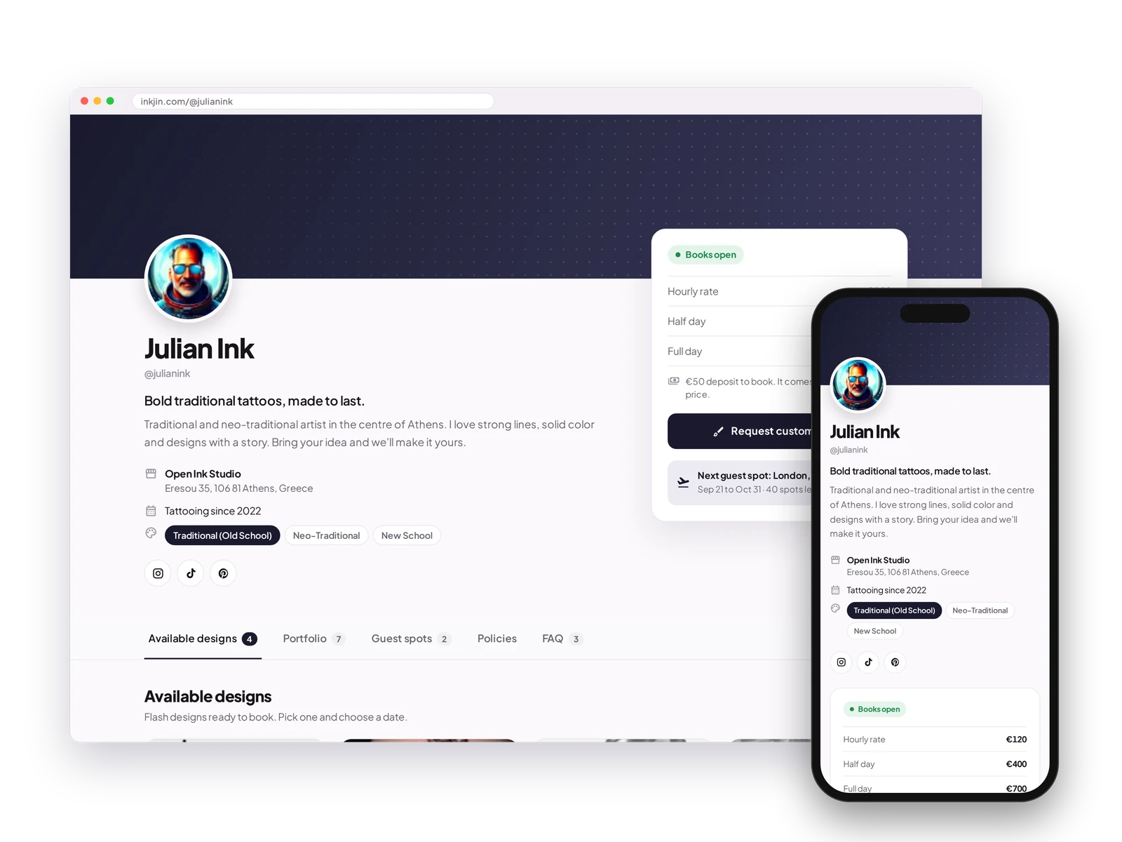 An artist booking page on desktop and phone
