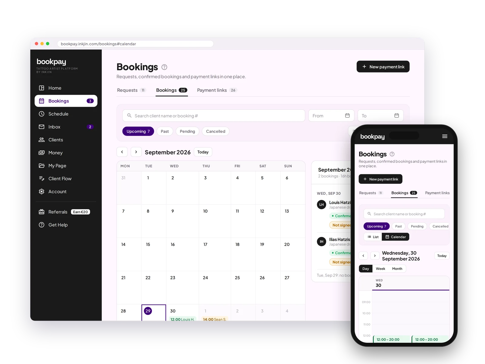 Bookings calendar in month view with the bookings of the month listed on the right