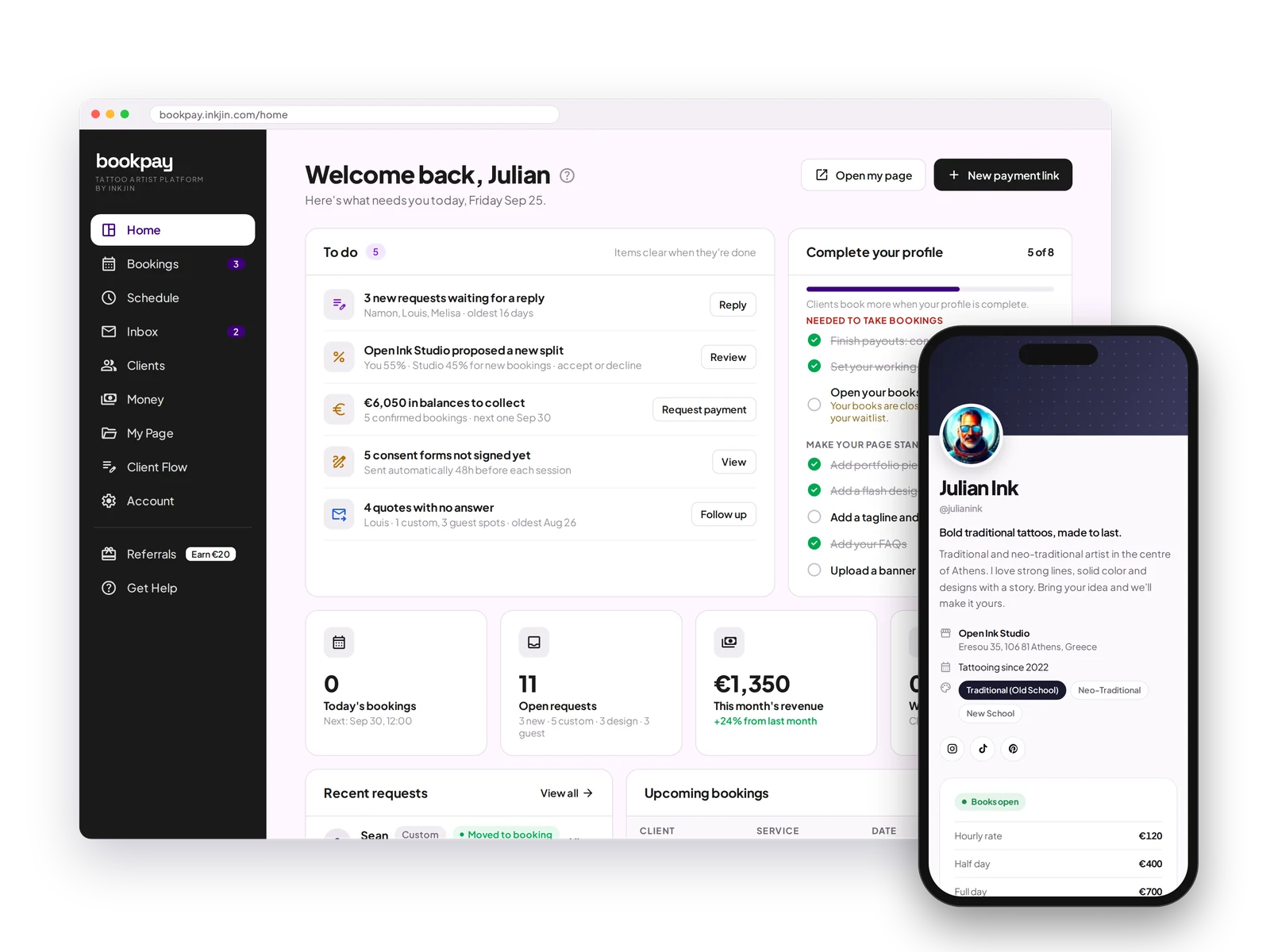 Bookpay Home with to-dos and upcoming bookings, and the booking page on phone