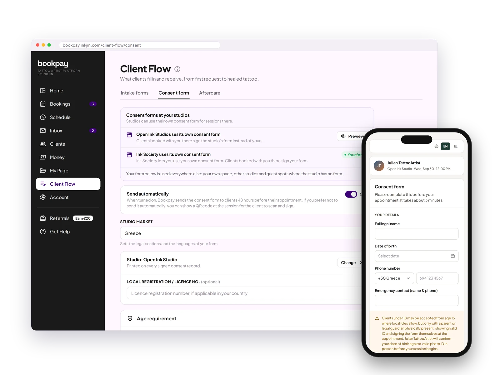 Consent form settings on desktop and the client signing on phone