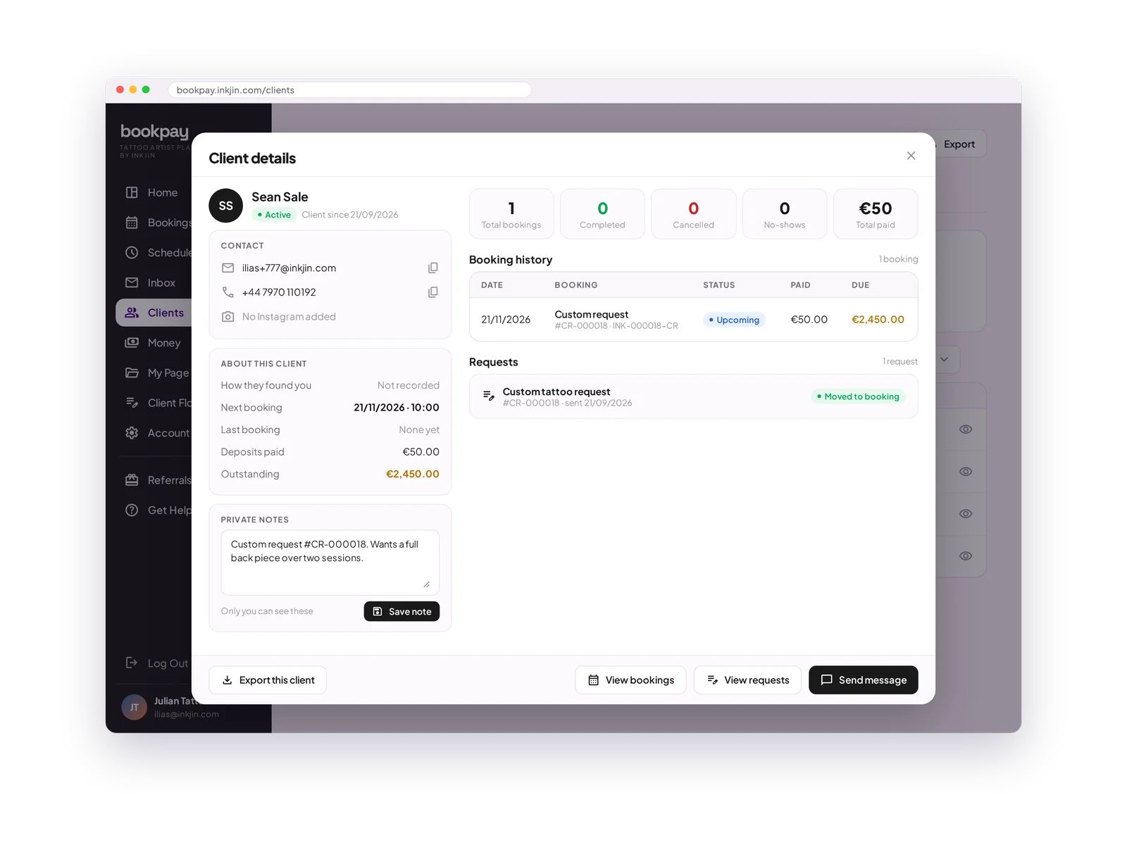 Client details with booking history, total spent and notes