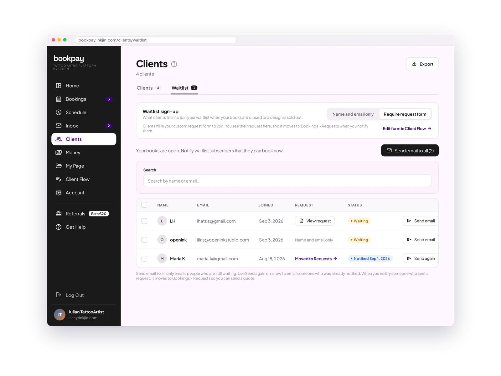 Waitlist with clients waiting and a Send email button