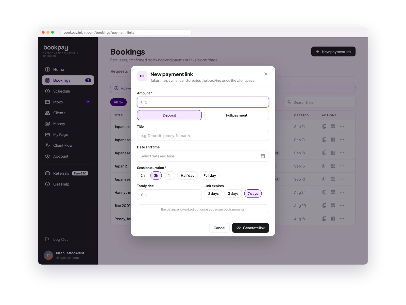 New payment link pop-up with amount, deposit or full payment, date and time