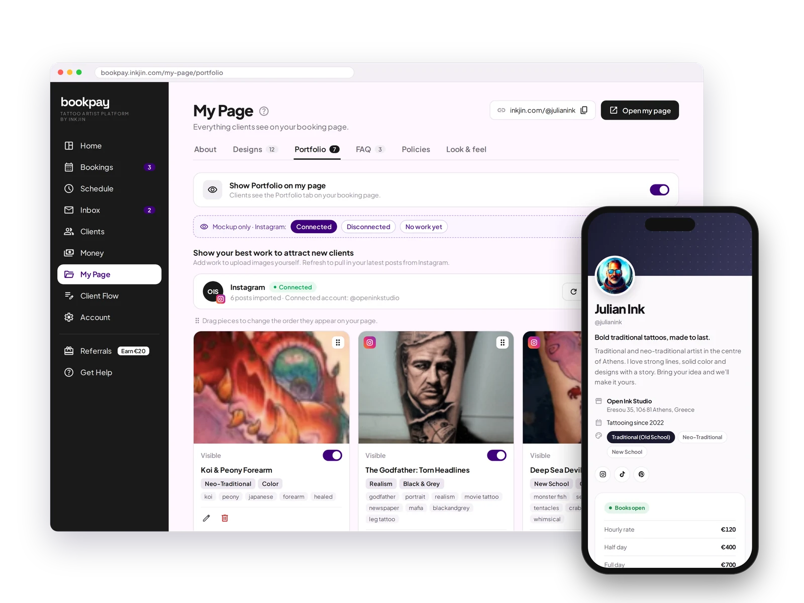Portfolio page with Instagram connected and the booking page on phone