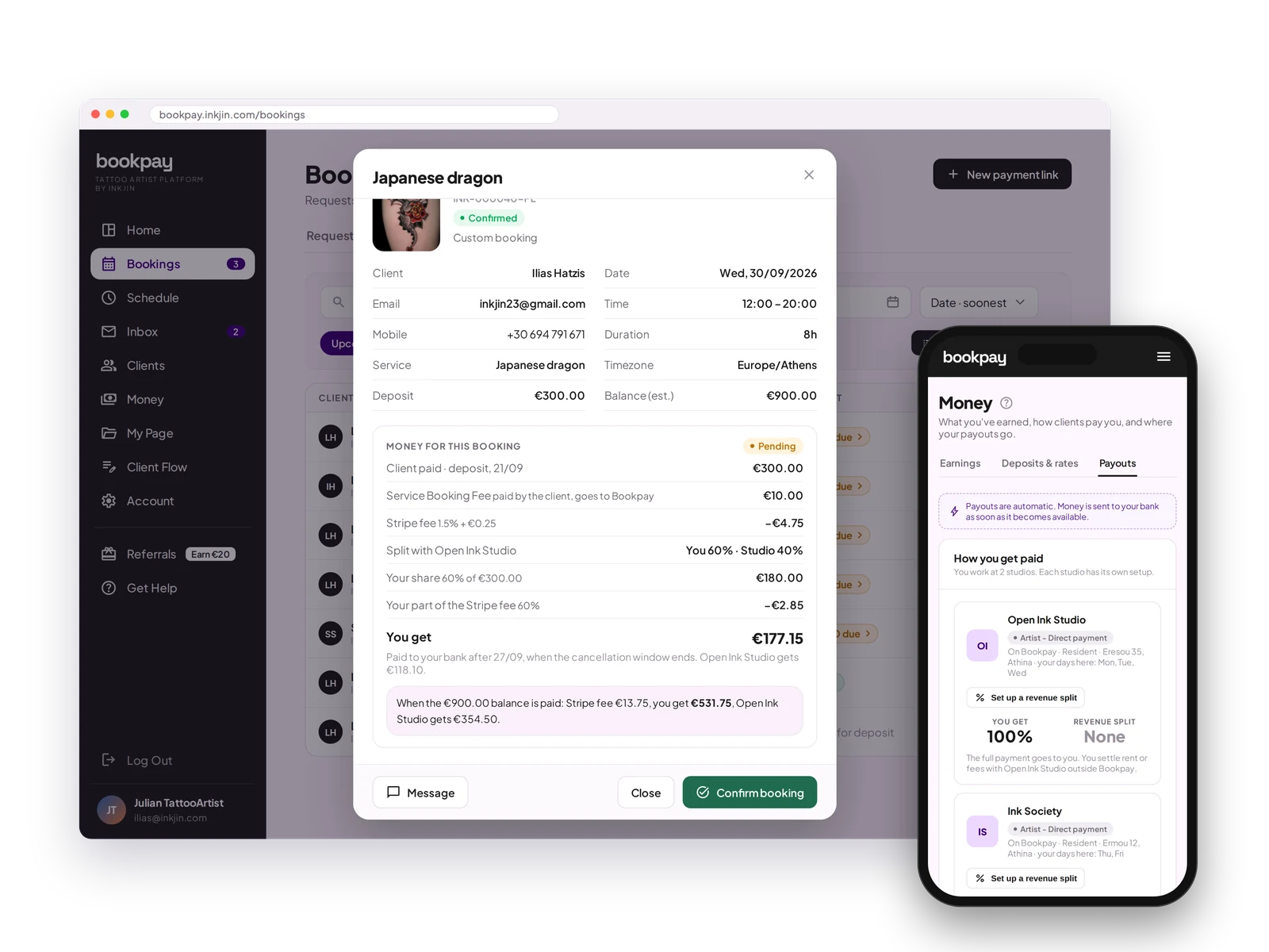 Booking details showing what the client paid, the Stripe fee and what you get
