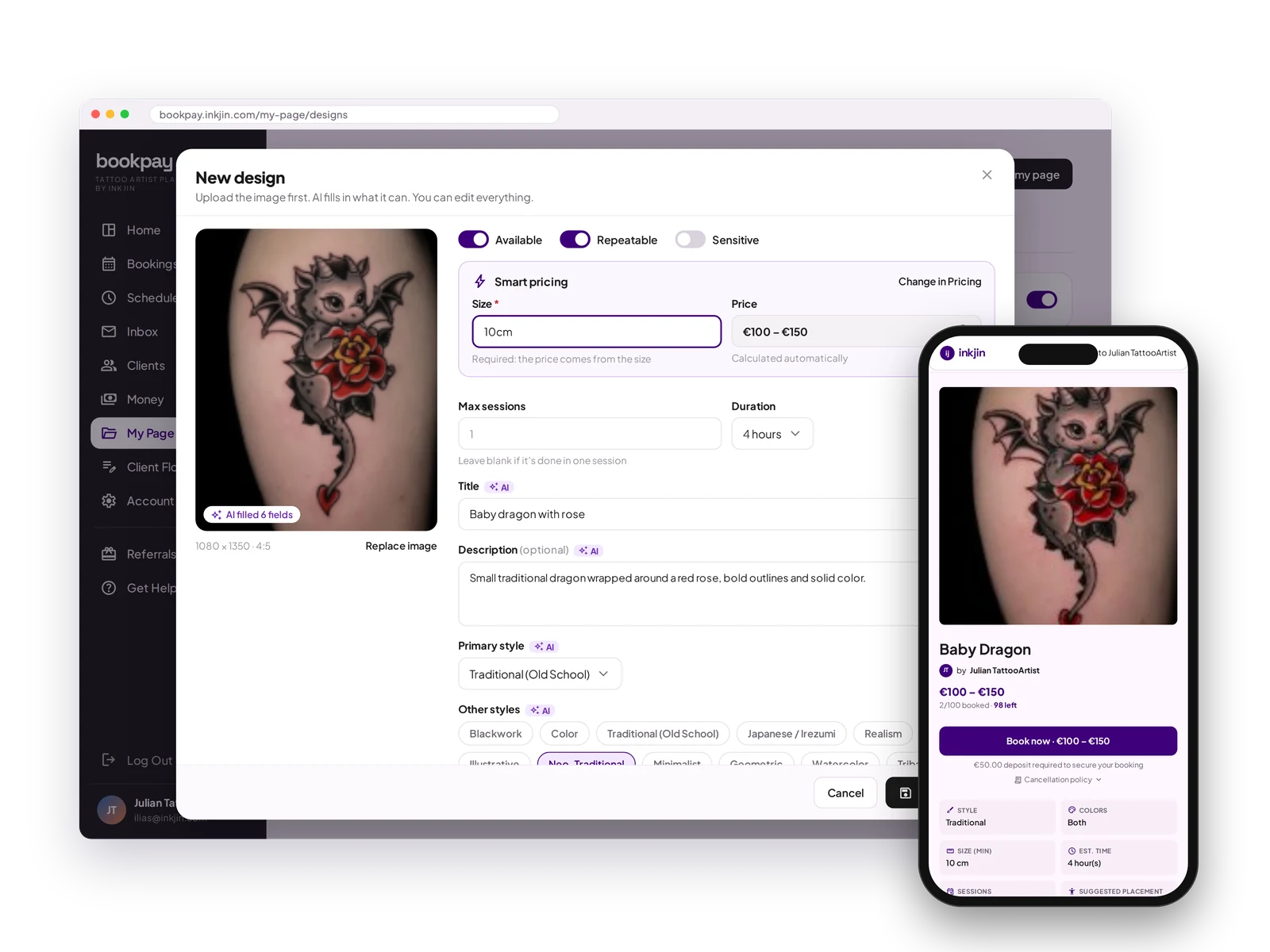 New design pop-up with Smart pricing, and a client booking the design on phone