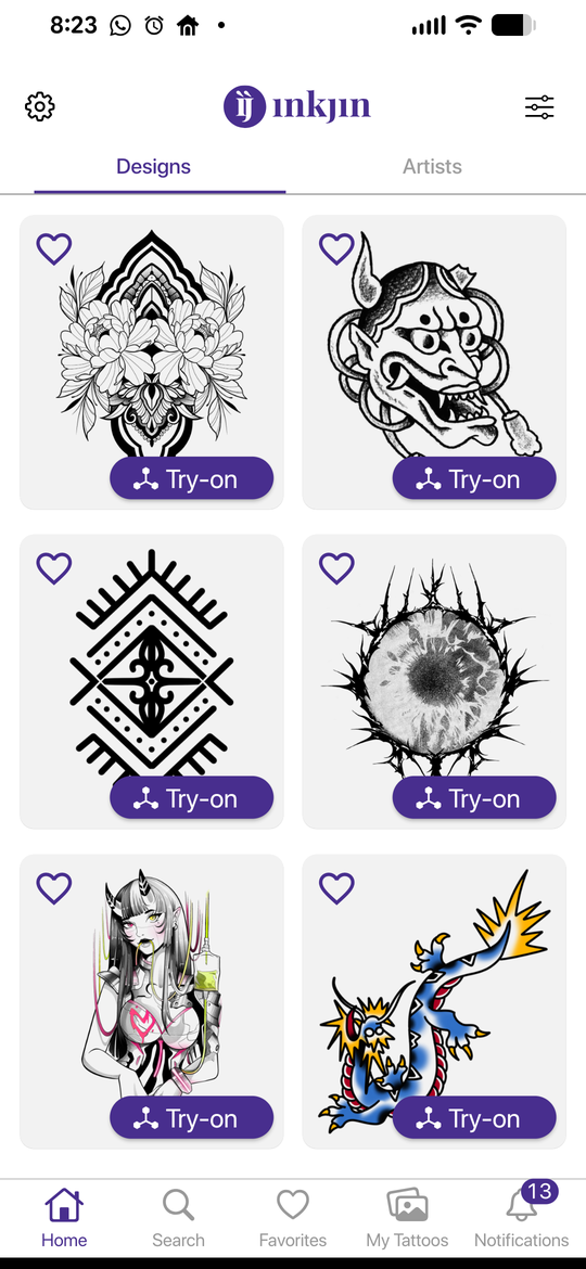 Inkjin app design library showing a grid of tattoo styles with Try-on buttons