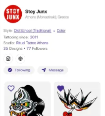 Inkjin app screen showing tattoo artist profile