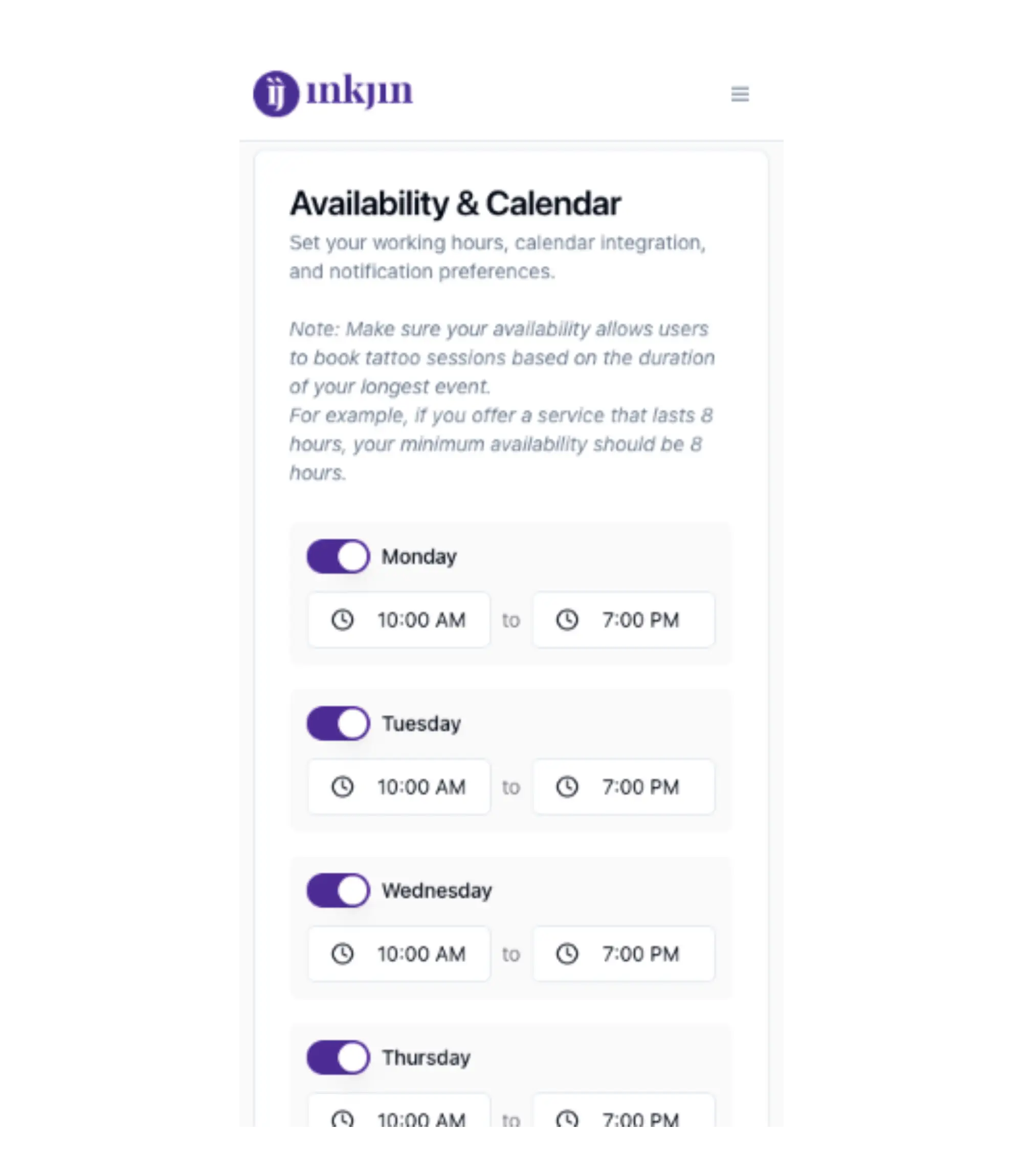 Scheduling view showing available booking slots