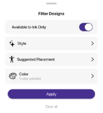 Inkjin app screen showing how to filter designs