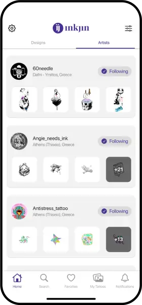 Inkjin app screen showing tattoo artist discovery