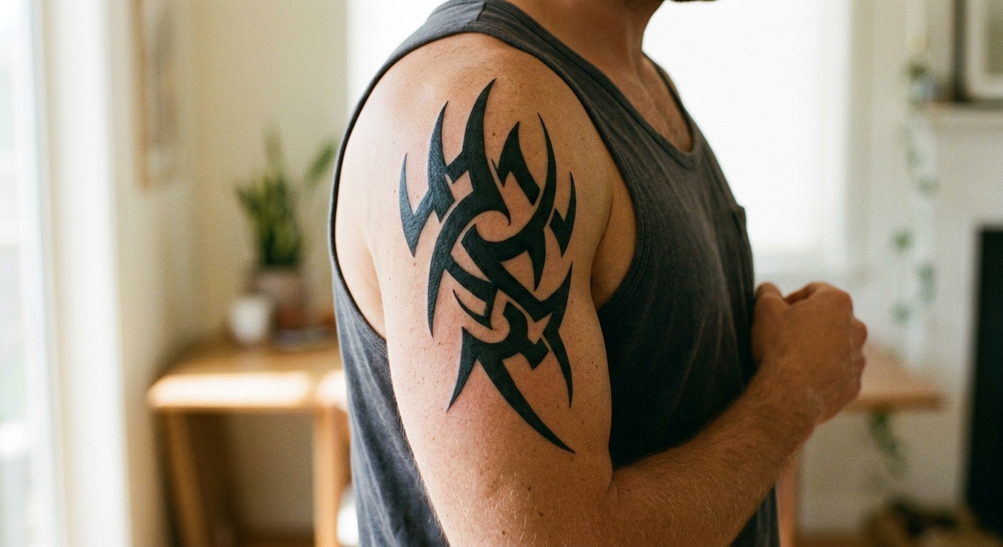 Authentic Polynesian tribal sleeve tattoo showing complexity