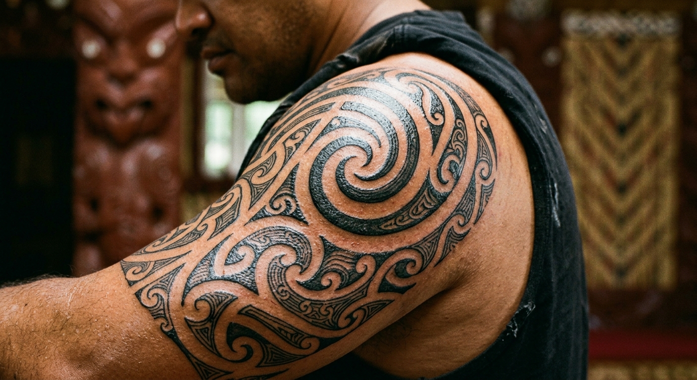 Polynesian tribal half-sleeve tattoo with geometric patterns